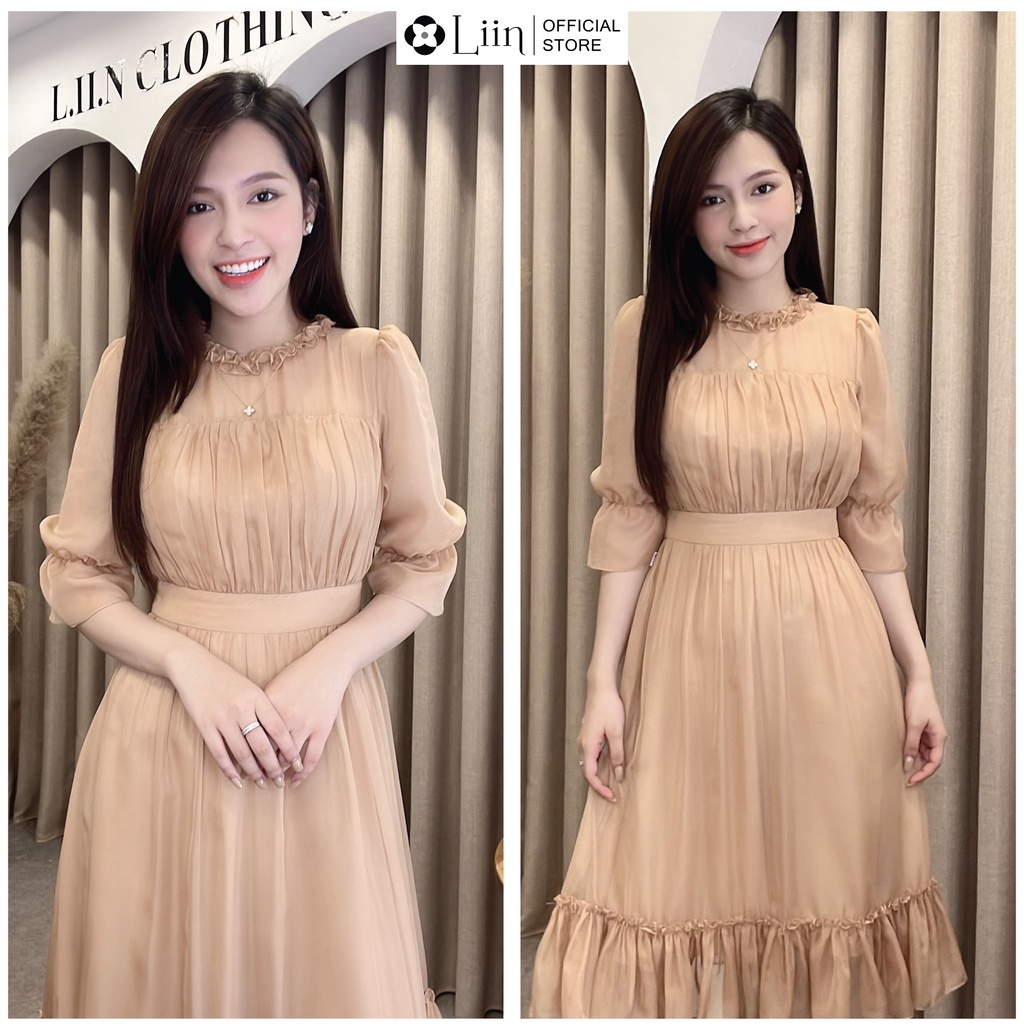 Đầm váy dáng xòe màu be pastel thiết kế cổ tròn tay lỡ thời trang Liin Clothing D6464
