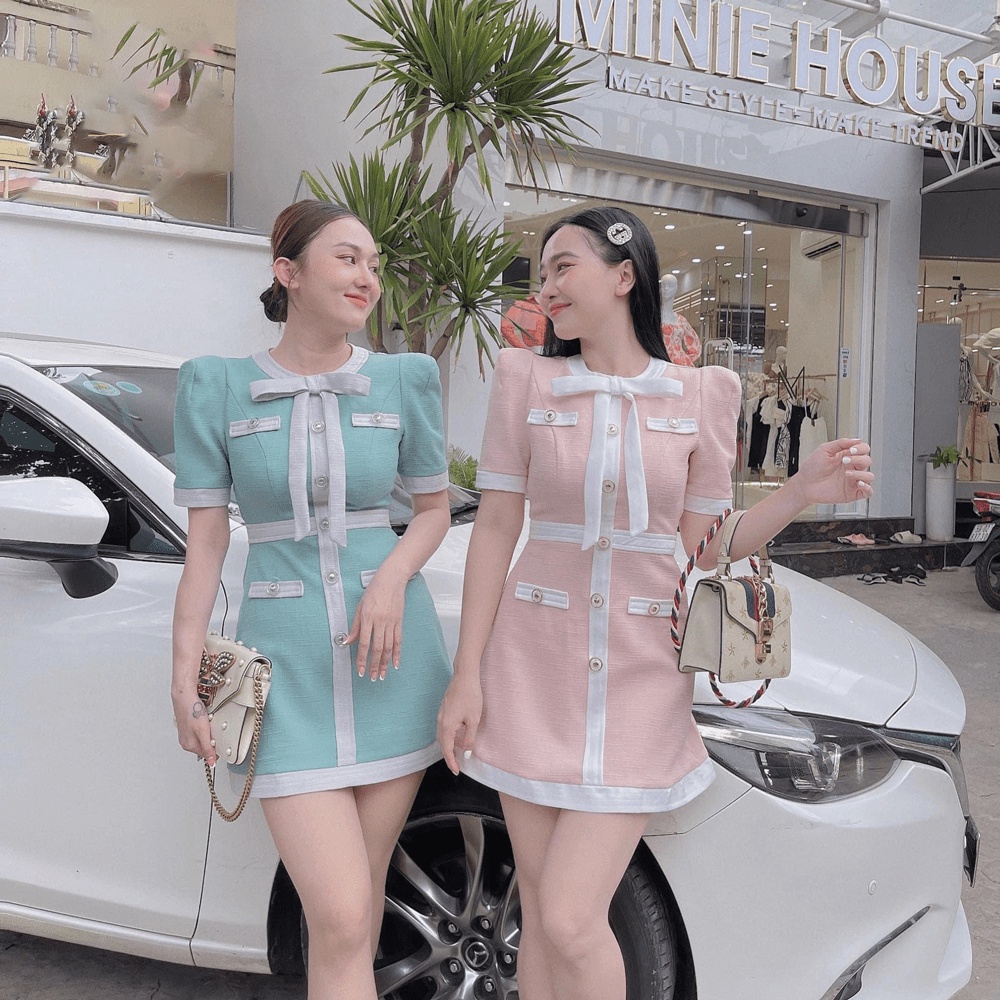 Đầm dự tiệc phối cổ nơ 3 màu Trắng , Xanh, Hồng