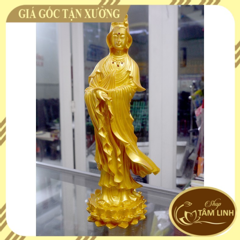 Tượng  Quan Thế Âm Bồ Tát đứng sơn nhũ vàng cao 37cm GIÁ TỐT NHẤT THỊ TRƯỜNG