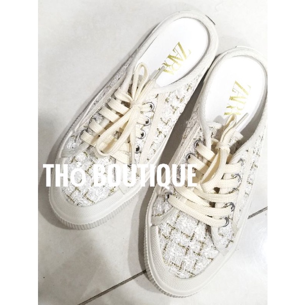 Giày sneakers sục ZARA xuất Âu xịn thể thao hở gót dạ tweed trắng đen sọc đế 2cm size 35-36-37-38