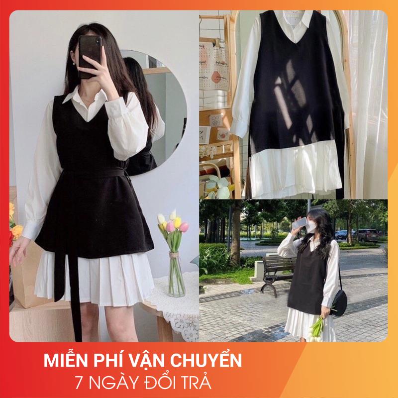 [Video/Ảnh thật] Set bộ váy vintage sơ mi 2 món 24APRIL 🌸 Sơ mi váy chất lụa hàn kèm đai 🌸Bộ đồ nữ váy vintage 🌸