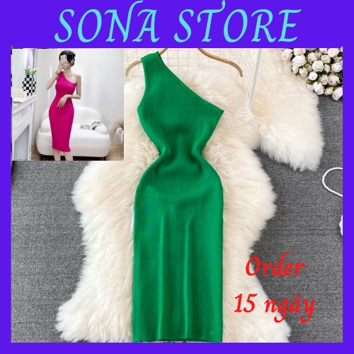 Váy body len dệt kim dáng dài lệch vai đầm ôm nữ sexy gợi cảm sang chảnh tiểu thư bánh bèo cute hàng quảng châu cao cấp