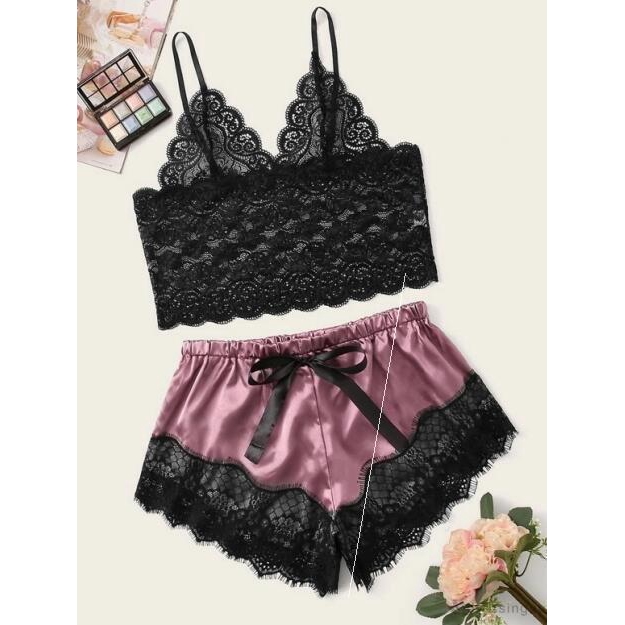 Bộ Đồ Ngủ Hai Dây Phối Ren Gợi Cảm Cho Nữ