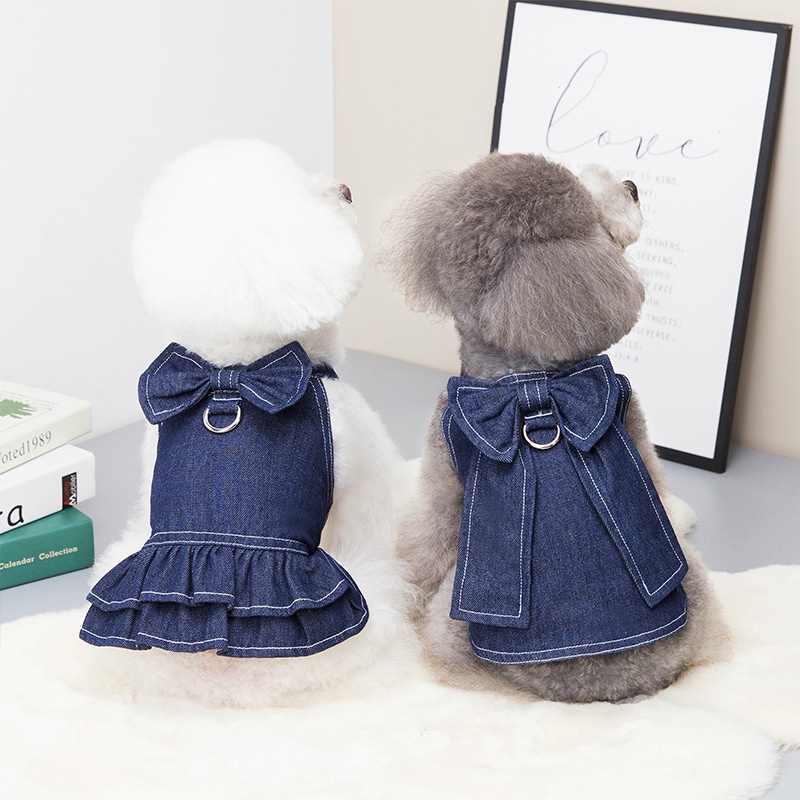 Bộ Áo Sơ Mi Denim Thắt Nơ Kèm Dây Dắt Dành Cho Thú Cưng Chó Mèo