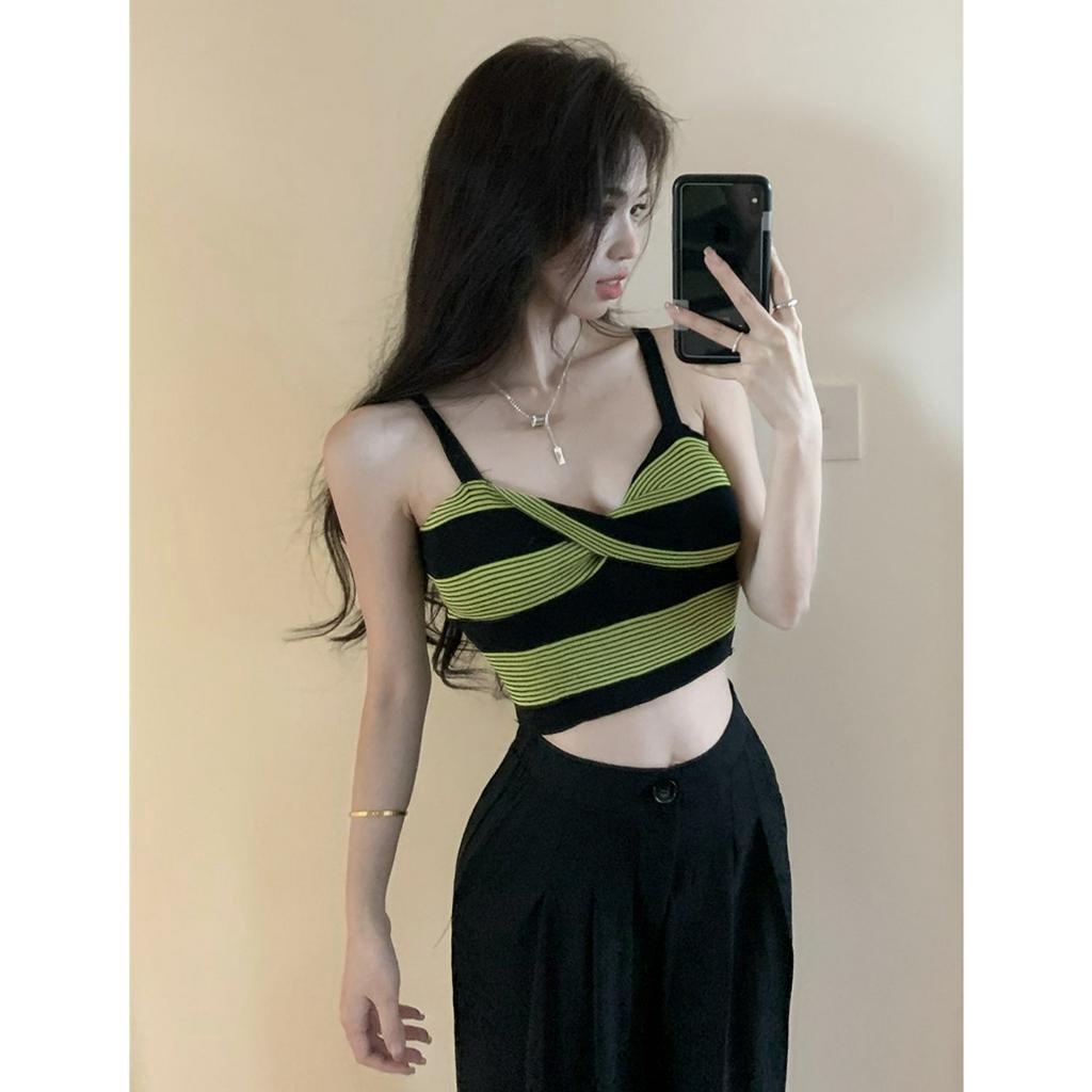 QADCOL Áo Tank Top Dệt Kim Hai Dây Mùa Hè Màu Tương Phản Họa Tiết Kẻ Sọc Lưng Xoắn Cho Nữ