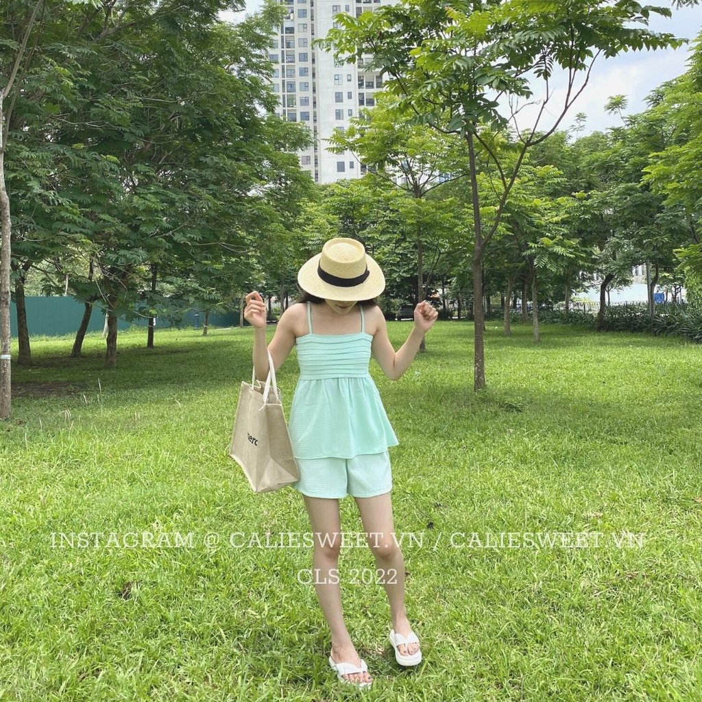 Set đồ nữ mùa hè Caliesweet set đi biển đi chơi dự tiệc sang chảnh chất đũi xốp màu xanh hottrend CLS006