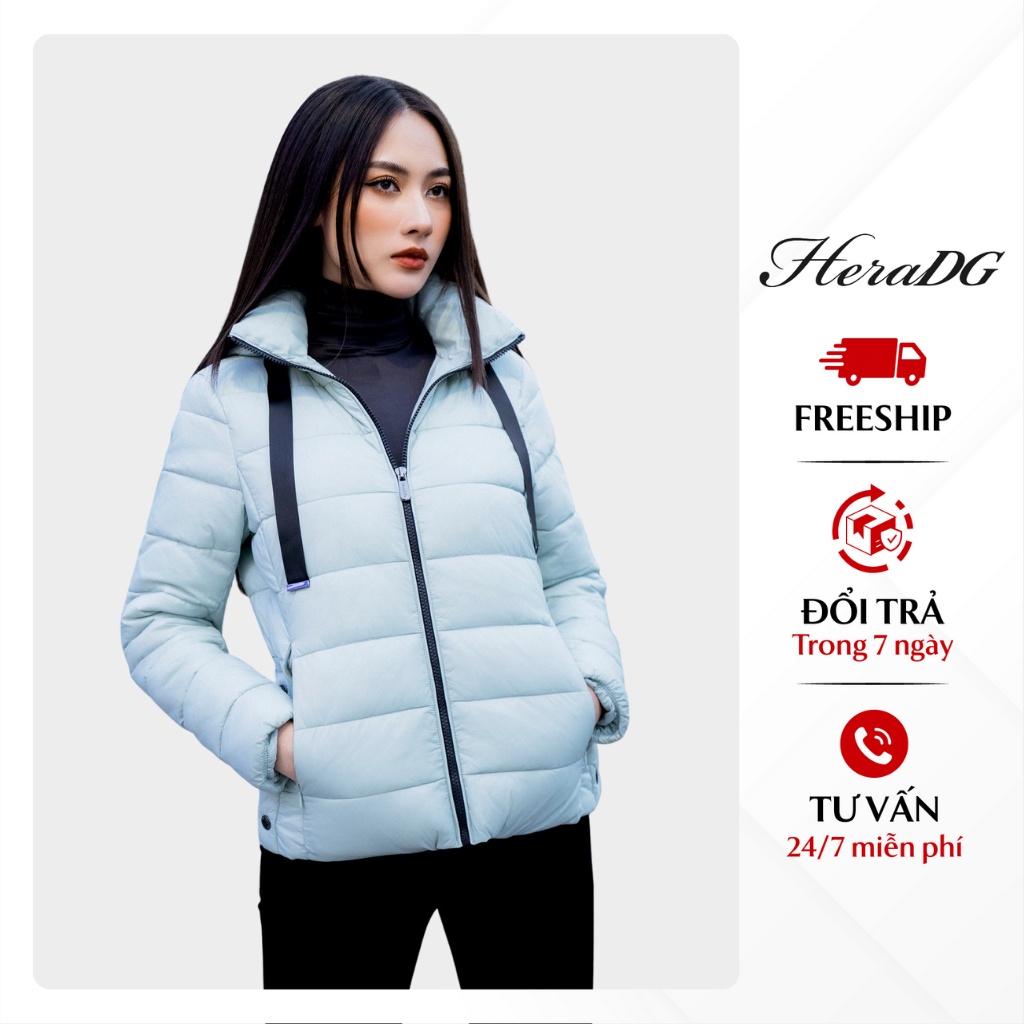 Áo Khoác Phao Nữ Dáng Ngắn HeraDG Kiểu Chần Ngang Kèm Mũ Có Dây Rút, Vải 3 Lớp Chống Gió Chống Nước Chống Bụi WJKBA10