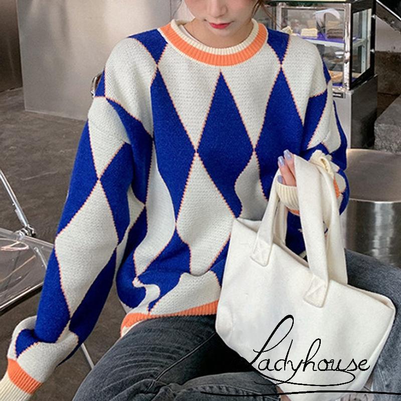 Áo Sweater Dệt Kim Cổ Tròn Tay Dài Dáng Rộng In Họa Tiết Hình Học Cho Nữ