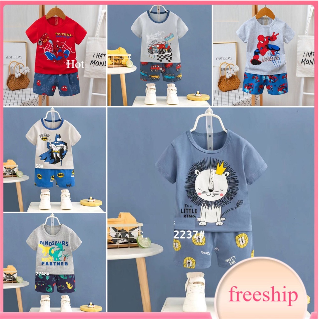 Bộ hè cho bé 2-8 tuổi hình ngộ nghĩnh, Bộ cộc tay bé trai xuất Hàn vải cotton co giãn tốt thấm hút mồ hôi tốt