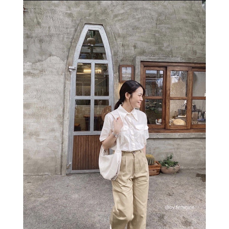 Set áo sơ mi chất vải kate mềm mịn + quần suông kaki k nhăn