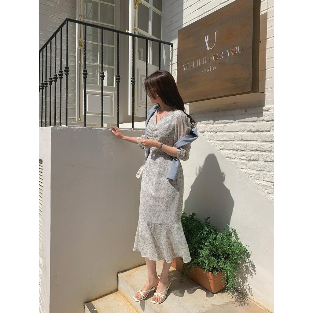 Đầm Voan Hoa Xếp Ly Cổ V Ngắn Tay Thời Trang Sành Điệu 63964