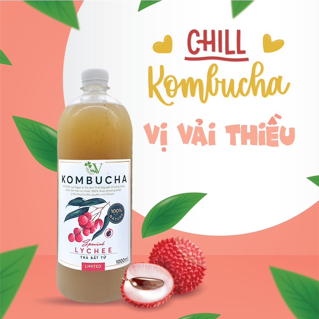 Trà Bất Tử Chill Kombucha VẢI 1L -  Trà hoa quả lên men con giống scoby - Foodland