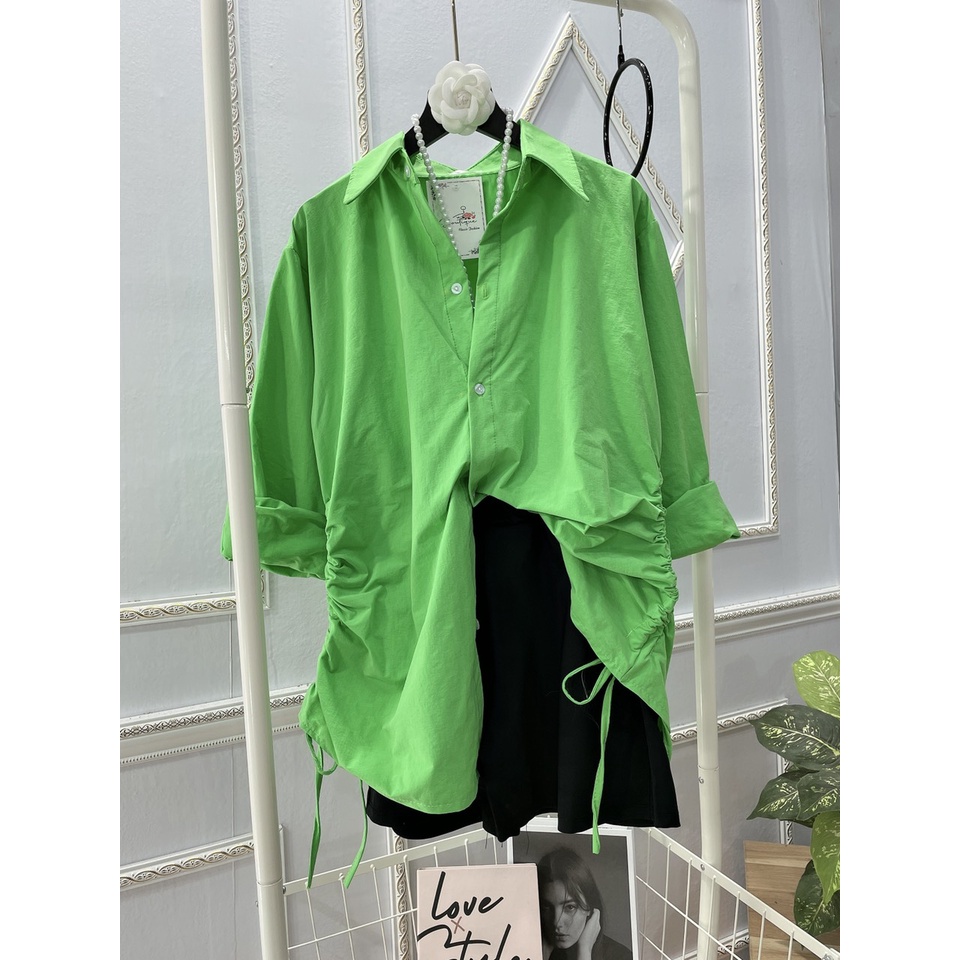 Set sơ mi xanh lá dây rút quần short đùi LT605