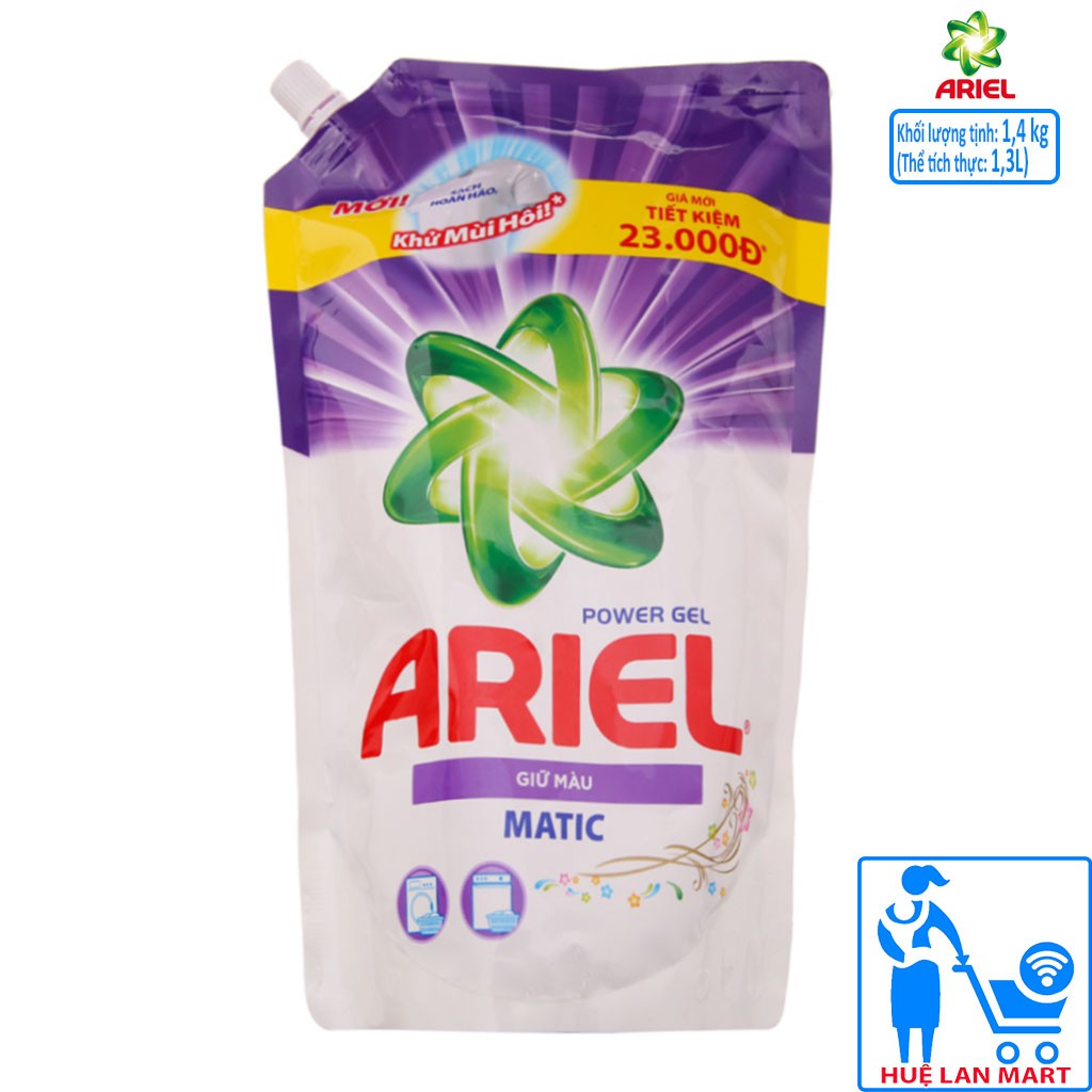 Nước Giặt Ariel Power Gel Giữ Màu Matic Dạng Túi 1,4kg (Tẩy sạch vết bẩn tốt hơn gấp 2 lần)