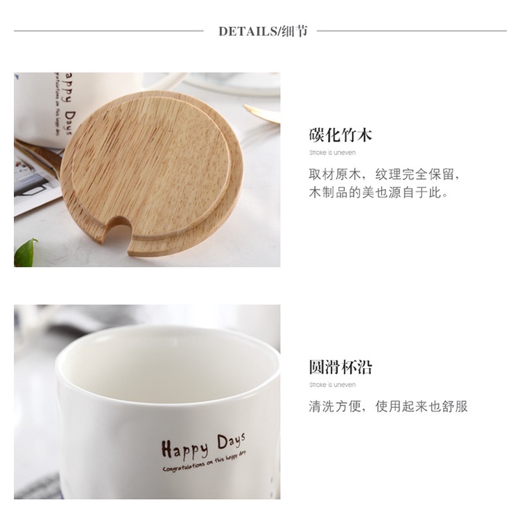 [Hàng mới về] Ly sứ nắp Gỗ phong cách Nhật bản - Cốc uống nước họa tiết Mèo Happy Days