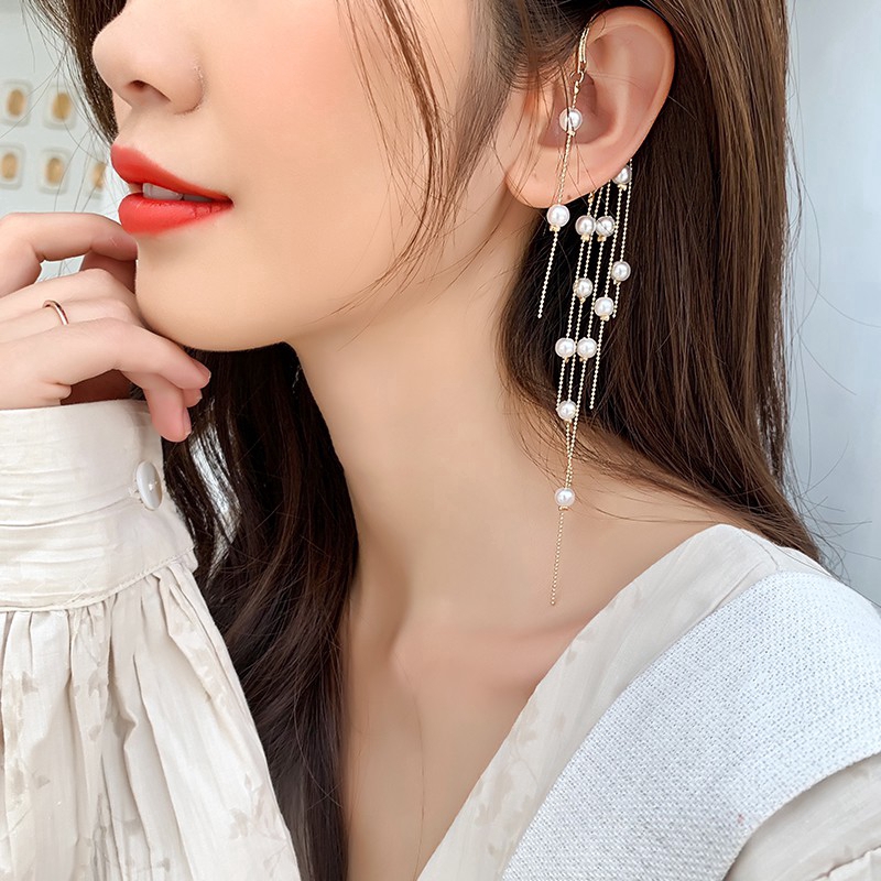 Bông tai dáng dài gắn ngọc trai nhân tạo hợp thời trang cho nữ