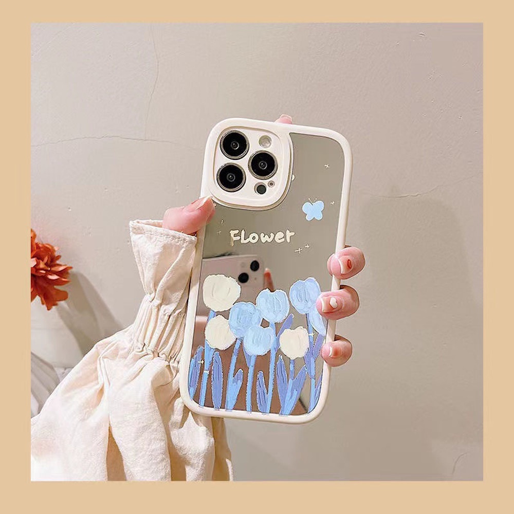 Ốp Điện Thoại TPU Dẻo Gắn Gương Trang Điểm Hình Hoa Tulip Cho IPhone 11 13 12 Pro Max 8 7 Plus X