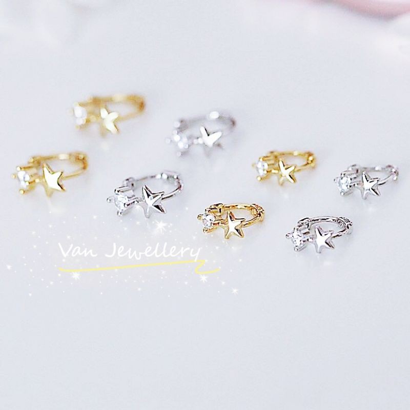 Khuyên tai bạc khuyên tròn 6-8mm mặt sao điểm đá nhỏ xinh Van Jewelry