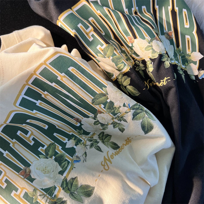 Áo Thun Tay Ngắn Dáng Rộng In Hình Hoa Hồng Vải Cotton Thời Trang Cho Cặp Đôi 100