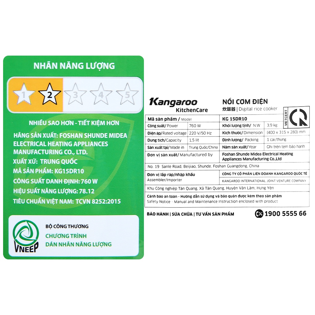 Nồi cơm điện tử Kangaroo KG15DR10 1.5 lít  760 W lòng nồi chống dính - Chính hãng BH 12 tháng