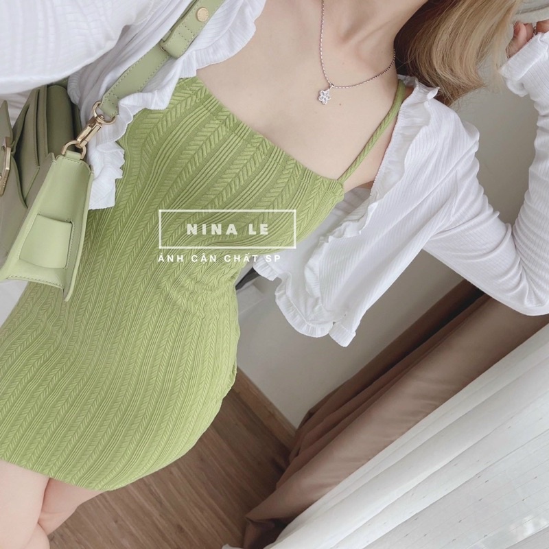set đầm thun body xanh kèm khoác trắng bèo