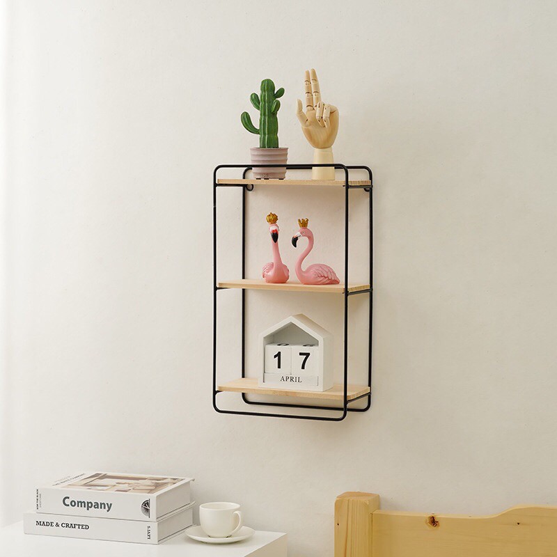 Kệ tầng treo tường sắt không gỉ kết hợp gỗ thông TĂNG KÈM DÂY ĐÈN đặc biệt KHÔNG cần khoan tường