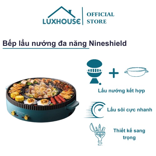 Bếp lẩu nướng đa năng - Bếp lẩu nướng không khói 2 trong 1 NINESHIELD - Thích hợp 5 đến 8 người, 2 mâm nhiệt độc lập