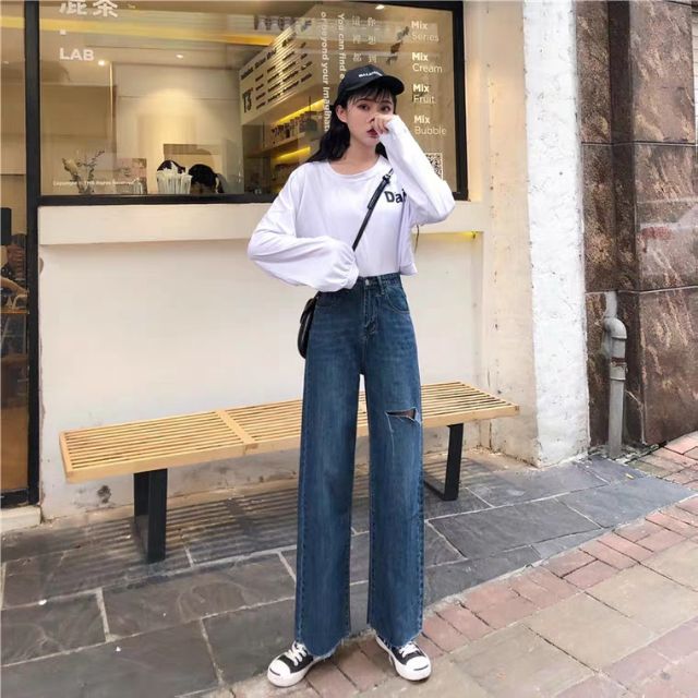 Quần momjeans baggy đậm rách bên kèm ảnh thật ulzzang