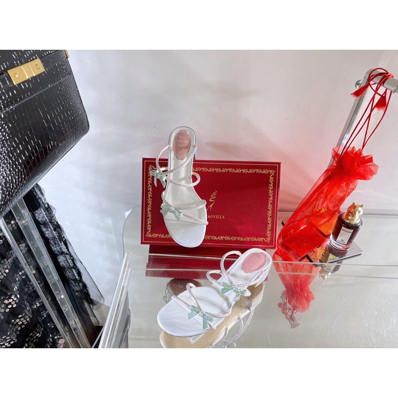 Dép cao gót mũi tròn quai ngang gót vuông 4.5cm đính đá thương hiệu Rene Caovilla da thật cao cấp