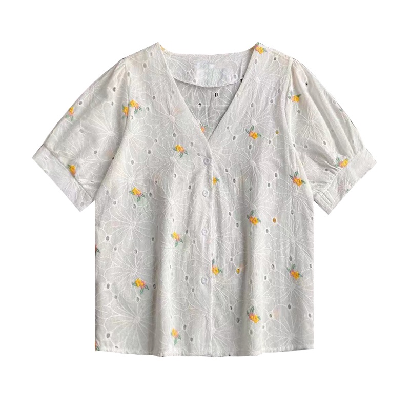 Áo Sơ Mi Tay Ngắn Phồng Cổ Chữ V Thêu Họa Tiết Hoa Phong Cách Hàn Quốc Thời Trang Cho Nữ