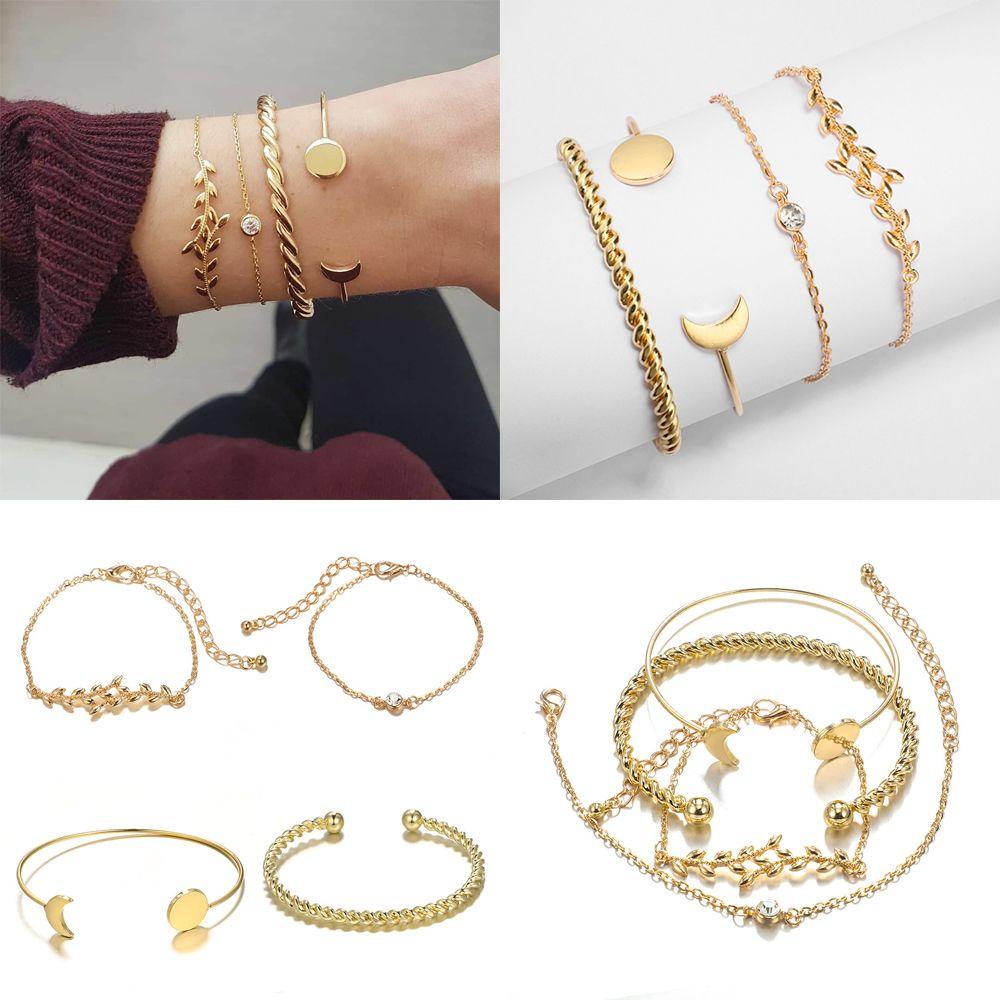 HS 1 Bộ Vòng Tay Hở Hình Lá / Mặt Trăng / Lá Cây Thời Trang Có Thể Đ