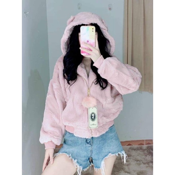 Áo khoác lông gấu hồng nữ khóa kéo, áo khoác lông tai gấu mùa đông siêu ấm  chất lông mượt .màu hồng | BigBuy360 - bigbuy360.vn