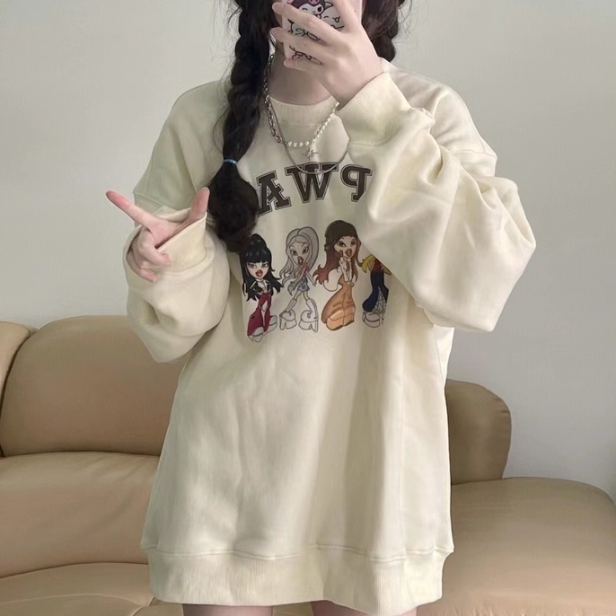 ZHELIHANGFEI Áo Sweater Dáng Rộng In Họa Tiết Xinh Xắn Theo Phong Cách Retro Mỹ