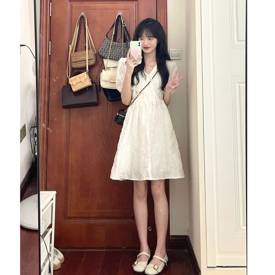 Đầm Cổ Chữ v Tay Phồng Màu Trắng Thời Trang Mùa Hè Hàng Mới Dành Cho Bạn Nữ