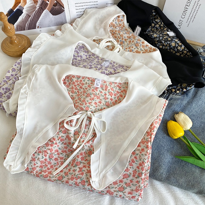 IELGY Áo Kiểu Tay Dài Cổ Chữ V Phối Ren Màu Sắc Tương Phản Phong Cách retro Dành Cho Nữ