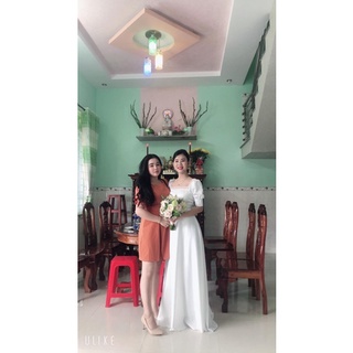 (miễn phí chỉnh váy) đầm dạ hội cưới tay ngắn váy xòe đuôi lê hở lưng cô dâu chụp ảnh cưới ngoại cảnh studio Hàn Quốc