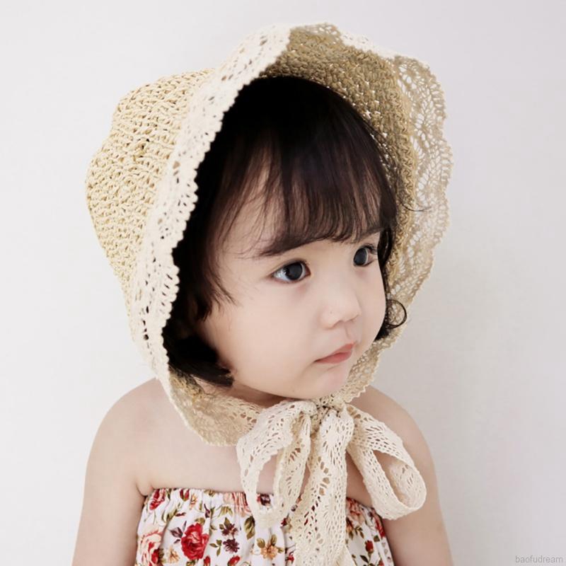 Mũ vành đan lát viền ren dễ thương cho bé