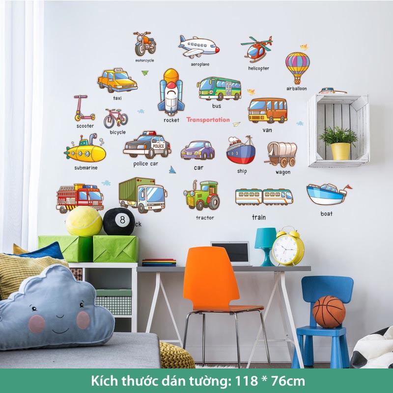 Decal dán tường cho bé, tranh dán tường Hàn Quốc sticker trang trí phòng trẻ em (Xe cộ tiếng Anh)