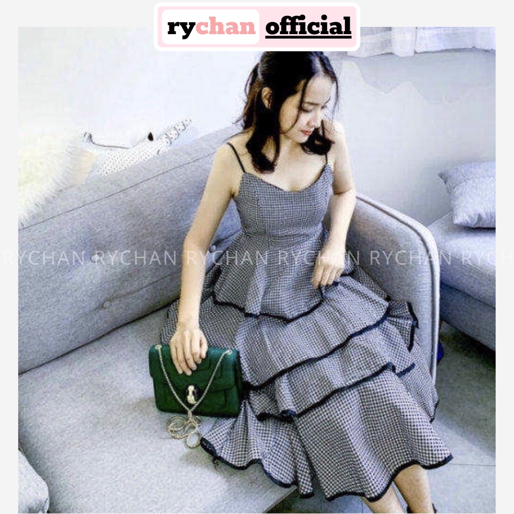 DM810 - Đầm Maxi Caro Hai Dây 4 Tầng Đi Du Lịch Biển