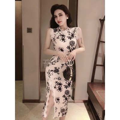 💥[Có sẵn đủ size S M L] Sườn xám hoa đen không tay | BigBuy360 - bigbuy360.vn