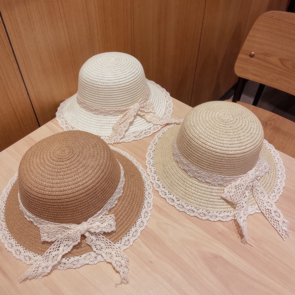 Mũ/nón cói viền ren 2 tầng thắt nơ xinh xắn phong cách vintage Hàn Quốc freesize cho bé từ 3 đến 10 tuổi