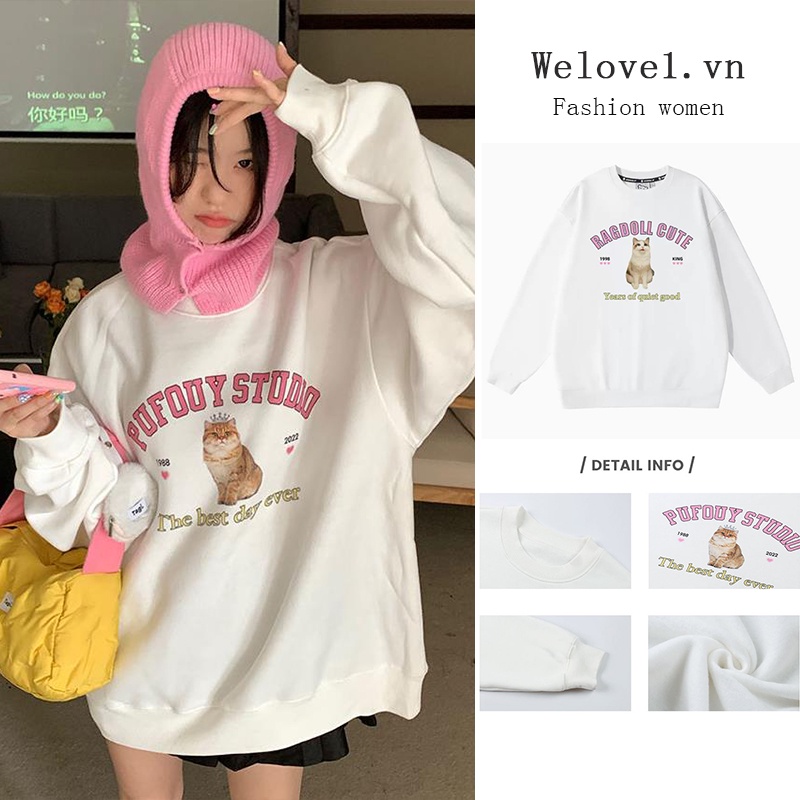 Áo sweater cổ tròn dáng rộng in hình mèo đáng yêu xinh xắn thời trang thu đông 2022