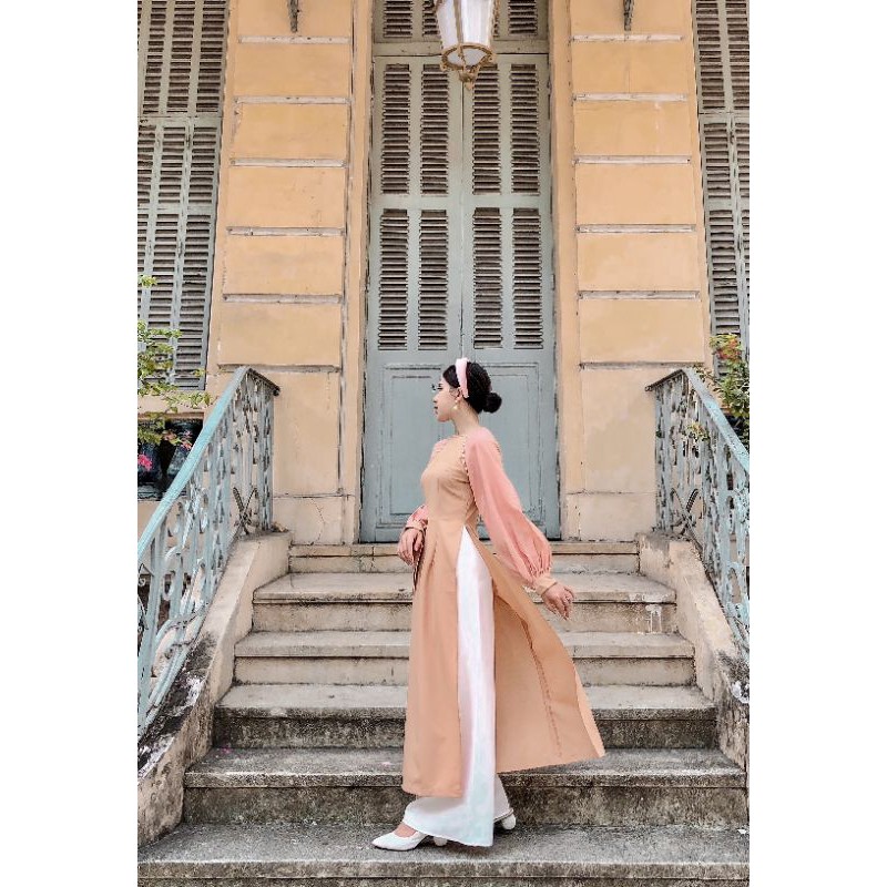 Áo dài hồng gạch phối tay
