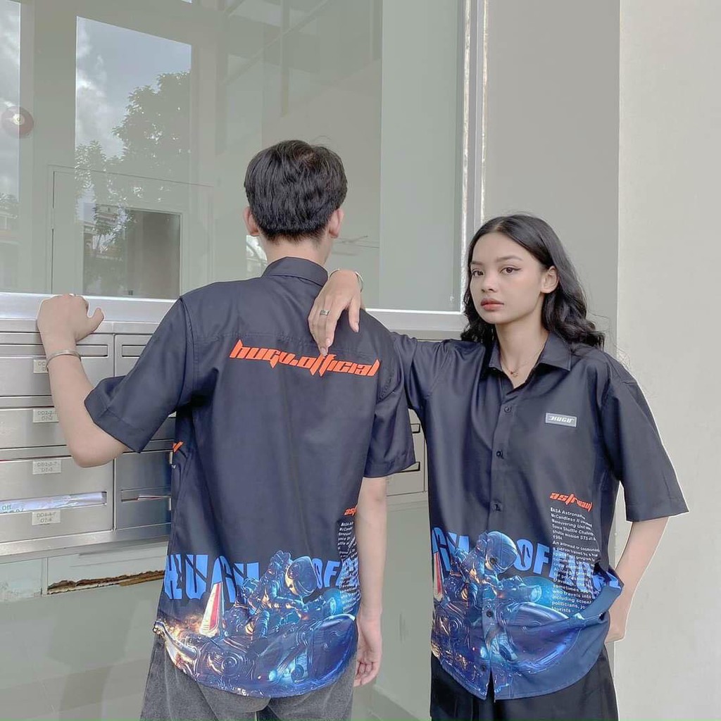 Áo sơ mi form rộng tay lở nam nữ vũ trụ chất lụa mềm mịn cực thoát mát, áo sơ mi đôi cặp nhóm đủ size