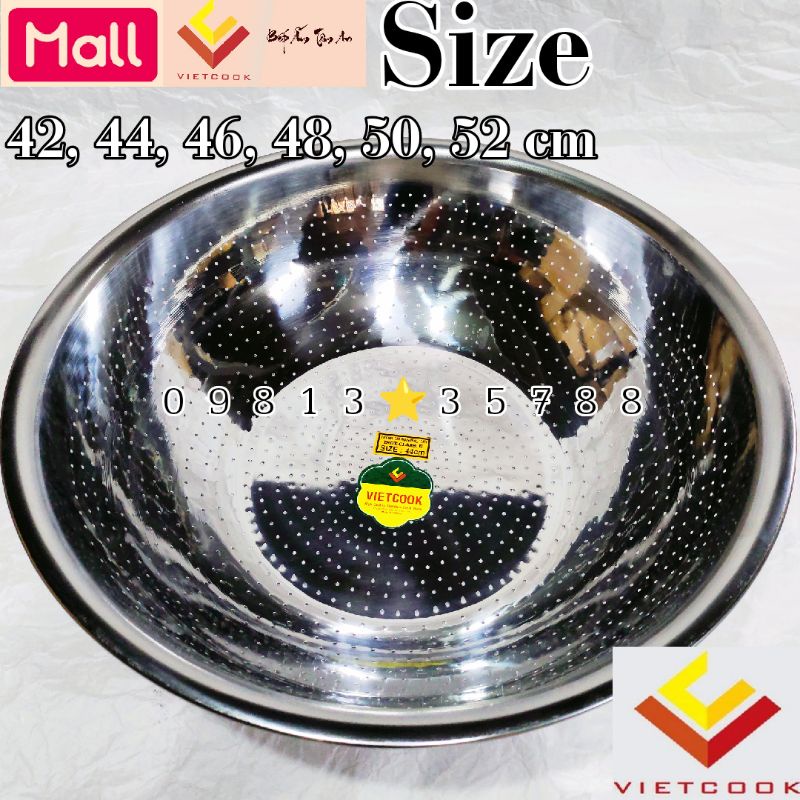 Rá inox size 42, 44, 46, 48, 50, 52 cm VIETCOOK loại dầy, rổ inox vo gạo inox size to cao cấp