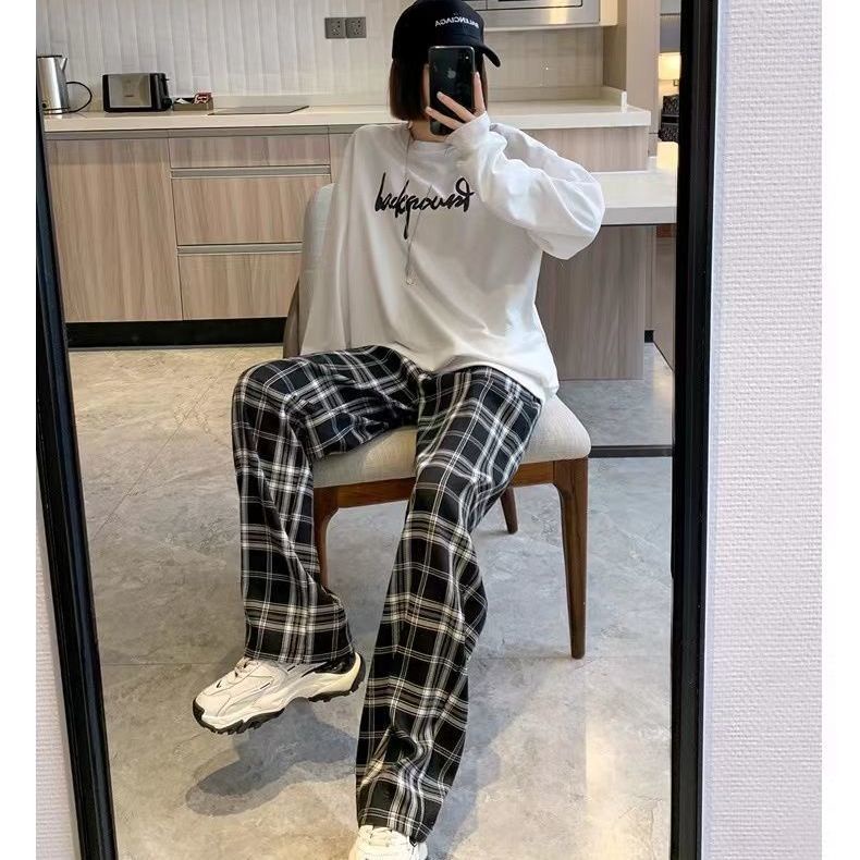 JSC Quần Dài Lưng Cao Ống Rộng Sọc Ca Rô Trắng Đen Thời Trang Xuân Hè 2023 Cá Tính Cho Nữ