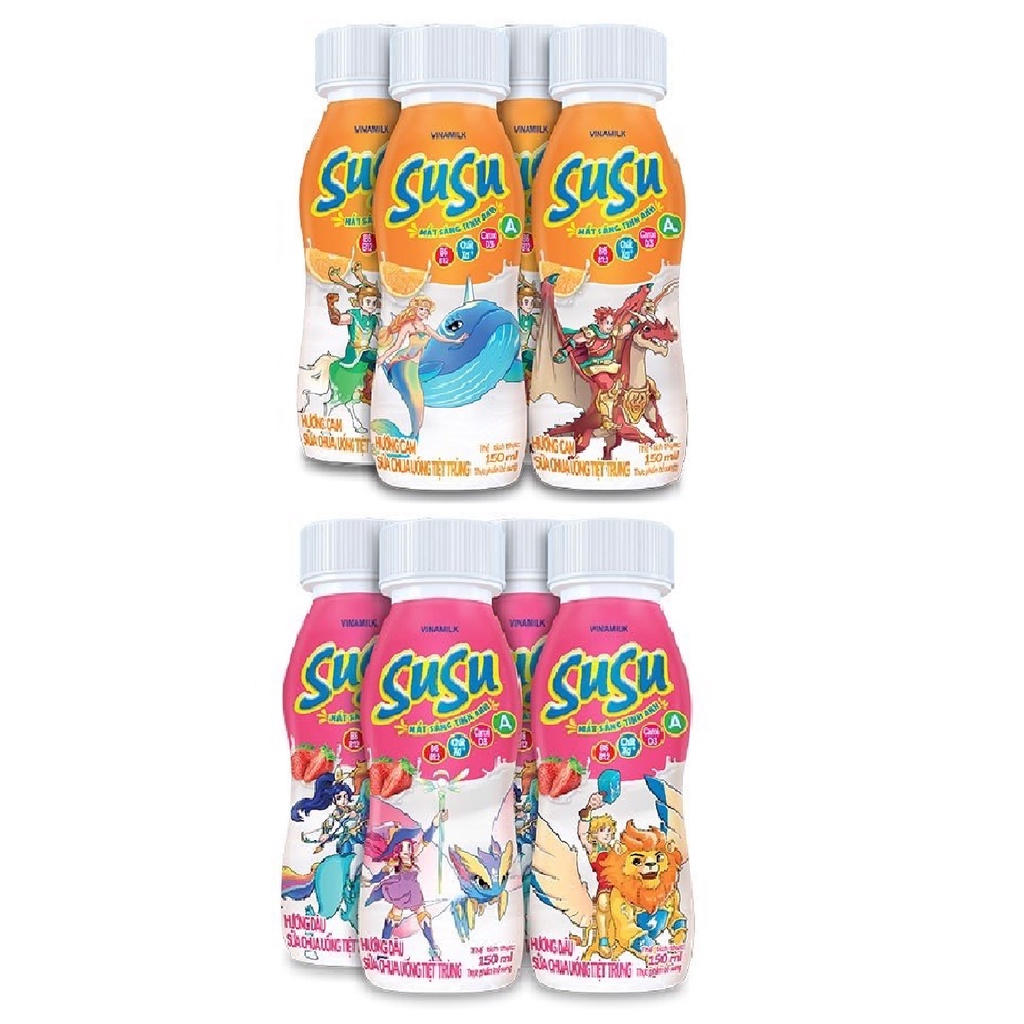 SỮA CHUA UỐNG SUSU IQ HƯƠNG CAM - HƯƠNG DÂU LỐC 4 CHAI X 150ML