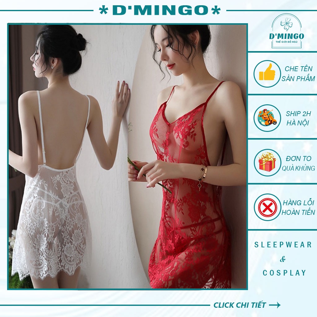 Váy ngủ sexy đầm ngủ gợi cảm đồ ngủ cosplay sẽy 2 dây ren hở lưng xuyên thấy ( tặng kèm quần chip lọt khe) VN06
