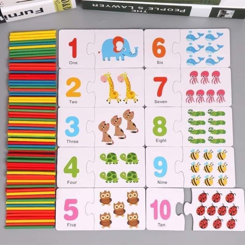 Đồ chơi Bộ thẻ ghép số kèm que tính- học toán thông minh giúp tập đếm &amp; tính- cho bé 3- 6t (Toán Hươu)