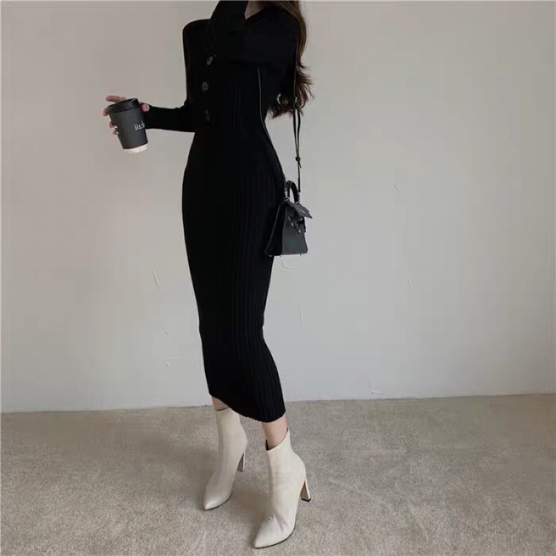 Váy len body dài tay cài khuy Ulzzang hot
